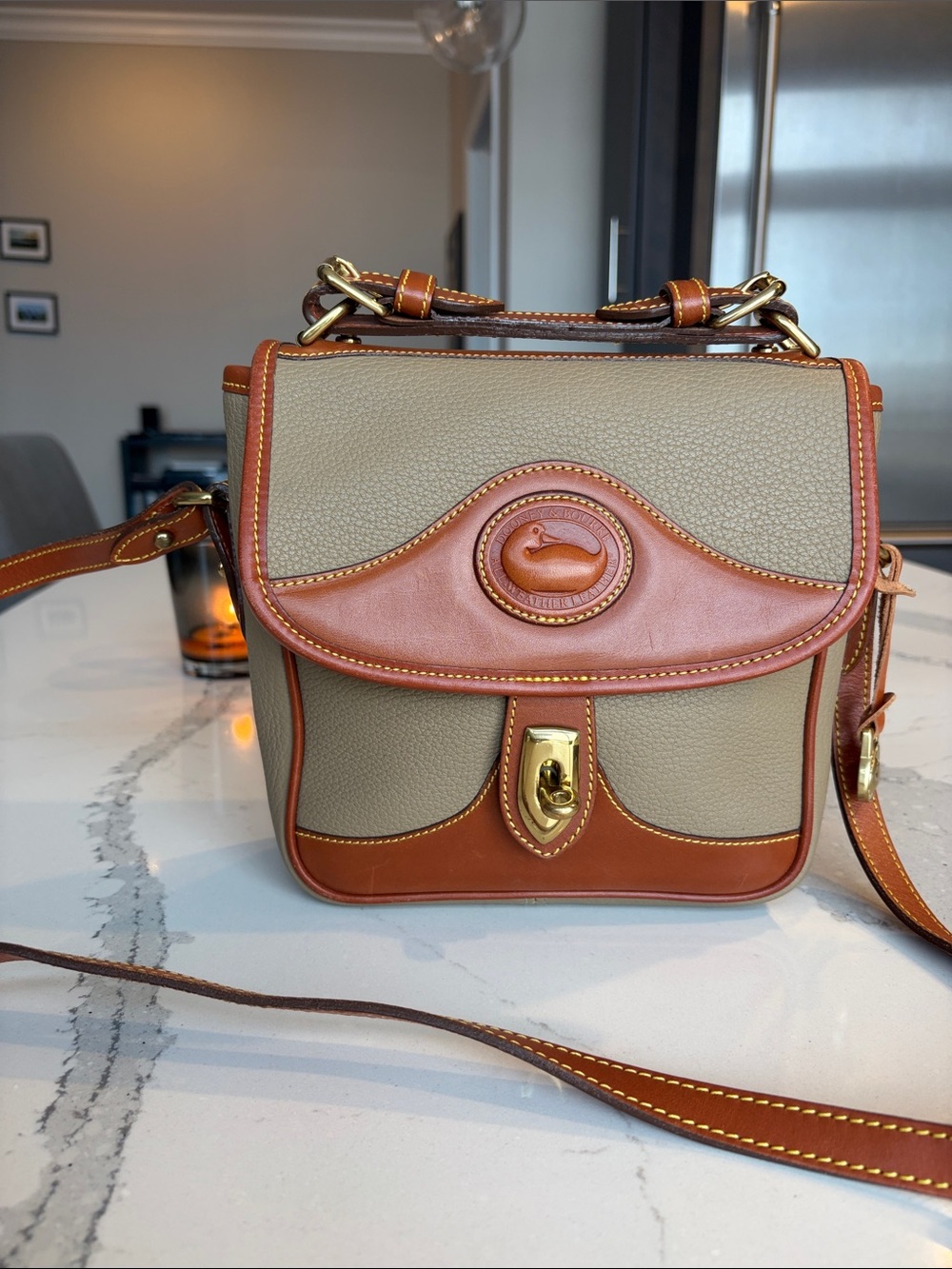 Dooney & Bourke Taupe and Brown Leather Crossbody Bag with Brass Hardware